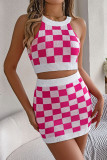 Sexy Plaid Weave Contrast Halter Sleeveless Two Pieces