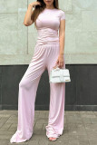 Casual Solid Color Patchwork O Neck Short Sleeve Two Pieces