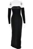 Sexy Solid Color Metal Accessories Trim Ruched Off Shoulder One Step Skirt Dresses(Metal buckle flower)