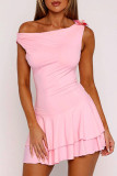 Sexy Solid Color Flowers Flounce Oblique Collar Pleated Dresses
