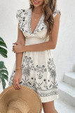 Vacation Floral Print Flounce V Neck Waist Skirt Dresses