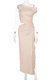 Sexy Solid Color Slit Irregular Hot Drill Oblique Collar Long Dresses
