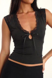 Sexy Solid Color Lace Lace Up V Neck Tops