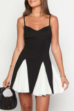 Casual Solid Color Patchwork Contrast V Neck Sling Dresses