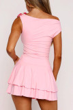 Sexy Solid Color Flowers Flounce Oblique Collar Pleated Dresses