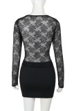 Sexy Solid Color Lace See-Through O Neck Long Sleeve Two Pieces