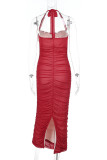 Sexy Solid Color Lace Up Mesh Halter One Step Skirt Dresses