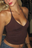Sexy Solid Color Lace Up Backless Halter Tops
