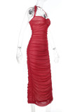 Sexy Solid Color Lace Up Mesh Halter One Step Skirt Dresses