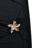 Sexy Solid Color Metal Accessories Trim Ruched Off Shoulder One Step Skirt Dresses(Metal buckle flower)