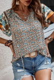 Casual Floral Print Lace Up V Neck T-Shirts