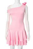 Sexy Solid Color Flowers Flounce Oblique Collar Pleated Dresses