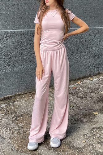 Casual Solid Color Patchwork O Neck Short Sleeve Two Pieces