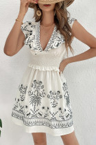 Vacation Floral Print Flounce V Neck Waist Skirt Dresses
