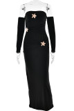 Sexy Solid Color Metal Accessories Trim Ruched Off Shoulder One Step Skirt Dresses(Metal buckle flower)