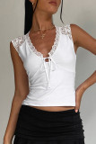 Sexy Solid Color Lace Lace Up V Neck Tops