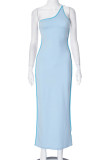 Casual Solid Color Patchwork Strap Design Oblique Collar Irregular Dresses