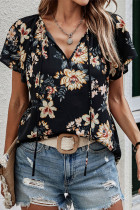Casual Floral Print Lace Up V Neck T-Shirts