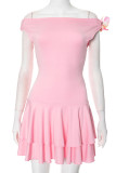 Sexy Solid Color Flowers Flounce Oblique Collar Pleated Dresses