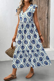 Casual National Totem Print Flounce V Neck A Line Dresses