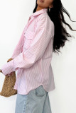 Casual Stripe Pocket Patchwork Contrast Turndown Collar Tops