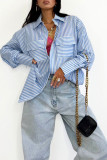 Casual Stripe Pocket Patchwork Contrast Turndown Collar Tops