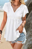 Casual Solid Color Hollow Out Lace Up Flounce O Neck Tops