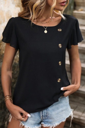 Casual Solid Color Buttons O Neck T-Shirts