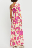 Elegant Floral Print Irregular Contrast Sloping Shoulder Printed Dresses