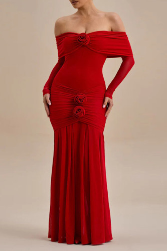 Sexy Solid Color Ruched Flower Shape Off Shoulder Long Dresses