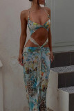 Sexy Vacation Flowers Leopard Hollow Out Patchwork Halter One Step Skirt Dresses