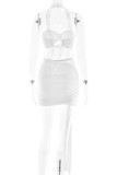 Sexy Solid Color Lace Backless Halter Wrapped Skirt Dresses