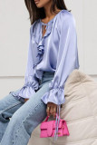 Casual Solid Color Lace Up Flounce O Neck Tops