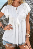 Casual Solid Color Hollow Out Lace Up Flounce O Neck Tops