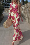 Elegant Floral Print Irregular Contrast Sloping Shoulder Printed Dresses