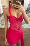 Sexy Solid Color Lace Backless Halter Wrapped Skirt Dresses