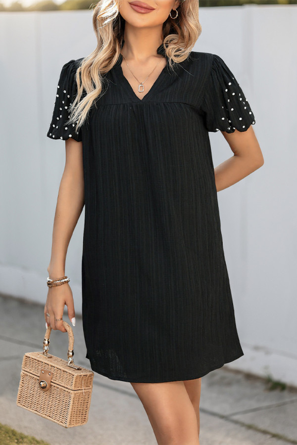 Casual Solid Color Beading Pleated V Neck Short Sleeve Short Sleeve Dress