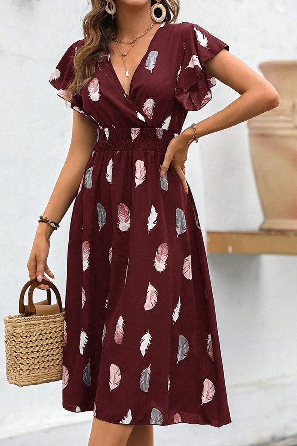 Vacation feather Patchwork V Neck A Line Dresses