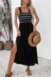 Vacation Flowers Embroidered Slit Square Neck Sling Dresses