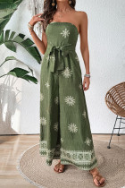 Vacation Snowflakes Print Lace Up Zipper Strapless Loose Jumpsuits