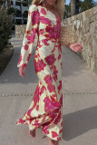 Elegant Floral Print Irregular Contrast Sloping Shoulder Printed Dresses