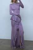 Elegant Solid Color Backless Flounce O Neck Long Dresses