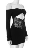 Sexy Solid Color Lace Hollow Out Off Shoulder Wrapped Skirt Dresses