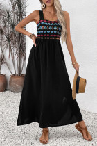 Vacation Flowers Embroidered Slit Square Neck Sling Dresses