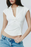Casual Solid Color Ruched V Neck Tops