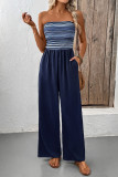Sexy Stripe Pocket Weave Contrast Strapless Loose Jumpsuits