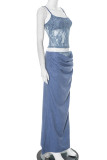 Sexy Solid Color Ruched Square Neck Sleeveless Two Pieces