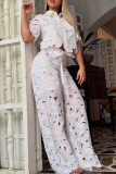 Casual Flowers Hollow Out Pocket Buttons Turndown Collar Short Sleeve Two Pieces