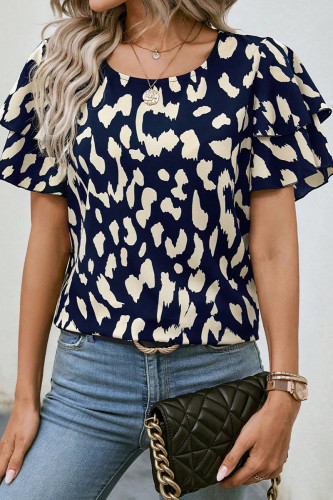 Vacation Geometric Print Flounce O Neck T-Shirts