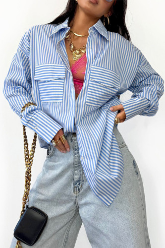 Casual Stripe Pocket Patchwork Contrast Turndown Collar Tops